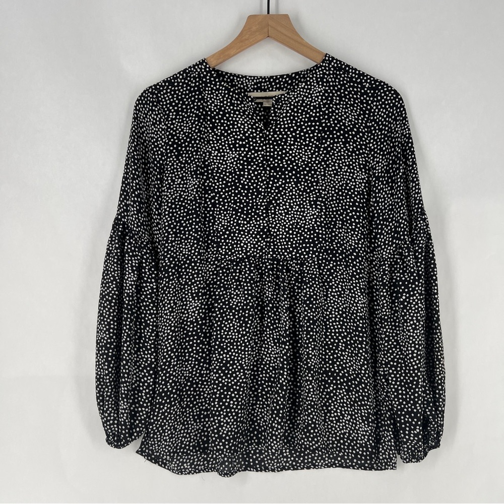 LOFT Black & White Polka Dot Flowy Button Neckline Long Balloon Sleeve Top XXS